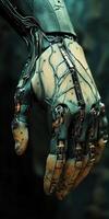 Cyborg hand showcasing intricate robotic design and detail photo