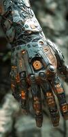 Detailed view of a futuristic cyborg hand in nature photo