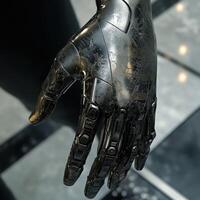 Cyborg hand with intricate mechanical details in close-up photo