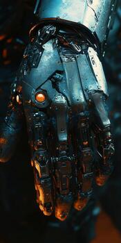 Futuristic cyborg hand illuminated in dim lighting photo