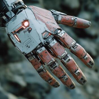 Cyborg hand with intricate details illuminated by red light photo