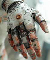 Detailed close-up of a cyborg hand showcasing technology photo