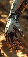 Detailed view of a cyborg hand with intricate design elements photo