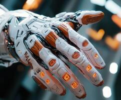 Cyborg hand with glowing orange details in a futuristic setting photo