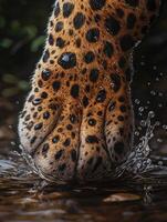 Leopard paw splashes in water during a rainy day photo
