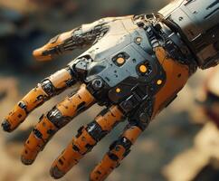 Cyborg hand showcases intricate design and advanced technology photo