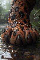 Leopard paw prints in dew-covered forest undergrowth photo