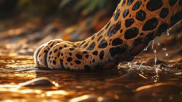 Leopard paw prints in shallow water at sunset photo