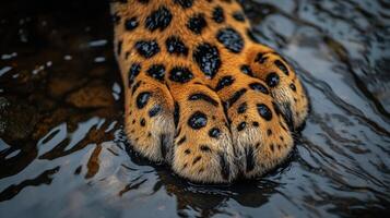 Leopard paw prints gently in water during golden hour photo