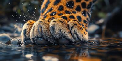 Leopard paw stepping into water during a calm morning photo