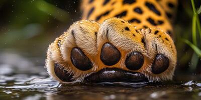 Close-up view of a leopard's paw in water with droplets photo