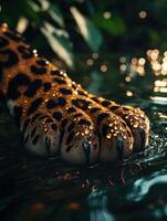 Leopard paw gently touching water in lush environment photo