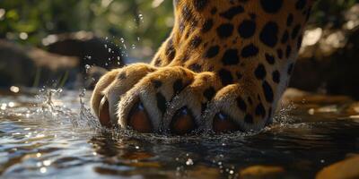 Leopard paw splashes water while hunting in the wild photo