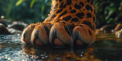 Leopard's paw resting by a serene water stream photo