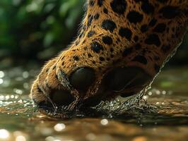 Leopard paw prints in water during a tropical habitat stroll photo
