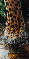 Leopard's powerful paw splashes in a tranquil water pool photo
