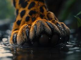 Leopard paw touching water in a jungle setting photo