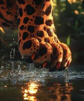 Leopard paw prints touch water in a lush natural setting photo