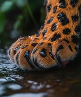 Leopard paw navigating through shallow water in the jungle photo