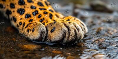 Leopard paw resting on wet stones near a riverbank photo