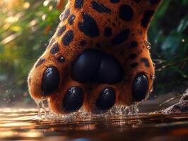 Leopard paw stepping into cool water in natural habitat photo