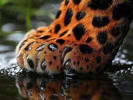 Leopard paw resting on water surface in natural habitat photo