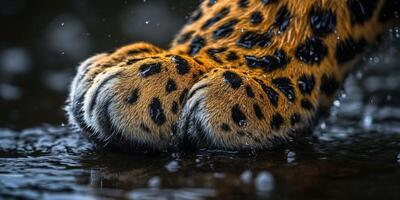 Leopard paw stepping through wet ground in the wild photo