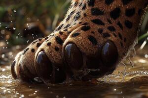 A leopard's paw is wet and muddy photo