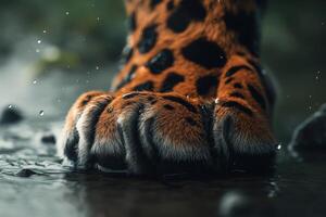 Leopard paw stepping into water amidst gentle rain photo