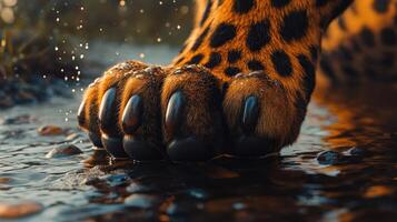 Leopard paw splashing water during early morning walk photo