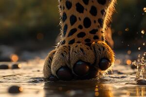 Leopard paw print near water in golden hour sunlight photo