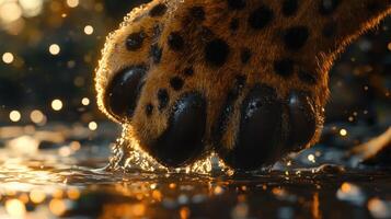 Leopard paw steps through water at sunset creating ripples photo