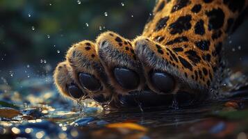 Leopard paw stepping through water in a lush environment photo