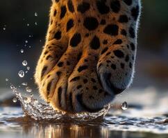 Leopard paw splashes water in a serene moment at dusk photo