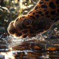 Leopard paw splashes water in lush natural habitat at sunset photo