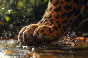 Leopard paw interacting with water in natural habitat photo