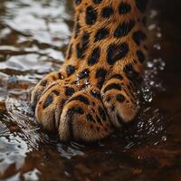 Leopard paw prints leave ripples in a serene water pool photo