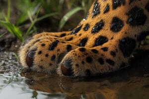 Leopard's majestic paw revealed in a serene river setting photo