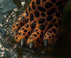 Leopard paw touching water surface in natural habitat photo