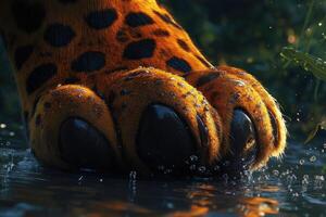 Powerful leopard paw splashes in shallow water at dawn photo
