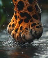 Leopard paw making a splash in a jungle stream photo