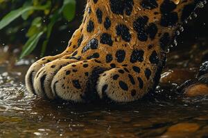 Leopard's paws splashing in a river during the rainy season photo