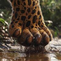 Leopard paw stepping in water at dawn in the jungle photo