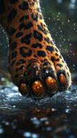 Leopard's paw steps into the water under gentle rain photo
