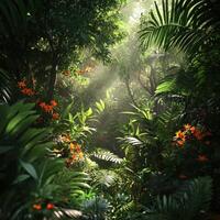 Lush tropical forest with sun rays illuminating flowers photo