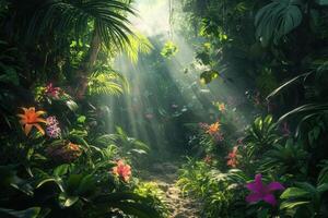 Vibrant jungle with sunlit flowers and lush greenery photo