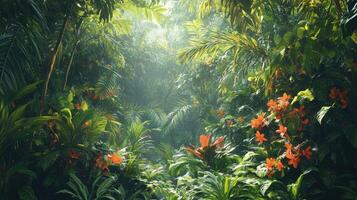 Lush tropical rainforest with vibrant flowers in a serene setting photo