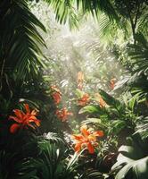 Lush tropical garden with vibrant orange flowers at sunrise photo