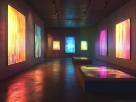 Colorful digital artworks displayed in a modern gallery photo