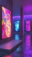 Colorful abstract art installations in an illuminated gallery photo